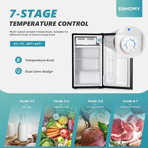 EUHOMY 3.2 Cu.Ft Mini Fridge with Freezer, Single Door Compact Refrigerator, Adjustable Thermostat, Mini Refrigerator Energy Saving, Mini fridge for Bedroom, Dorm, Office, Black.
