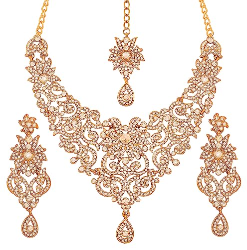Touchstone Indian jewelry sets for women bollywood wedding bridal necklace desi earrings formal fancy rhinestone India designer jewellery punjabi tikka set in antique gold or silver or white tone