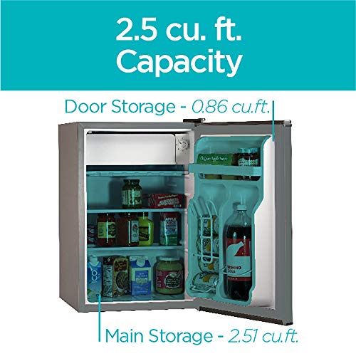 BLACK+DECKER BCRK25V Compact Refrigerator Energy Star Single Door Mini Fridge with Freezer, Cubic Feet, VCM, 2.5 cu.ft, Brushed Metal Finish,Grey