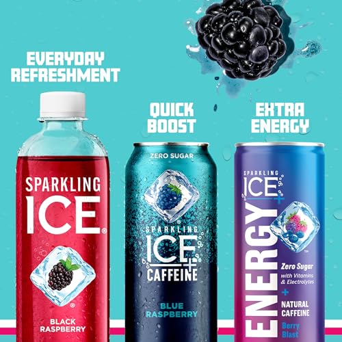Sparkling Ice +Caffeine Variety Pack, Flavored Sparkling Water, Zero Sugar, with Vitamins and Antioxidants, 16 fl oz, 12 count (Citrus Twist, Black Raspberry, Blue Raspberry, Strawberry Citrus)