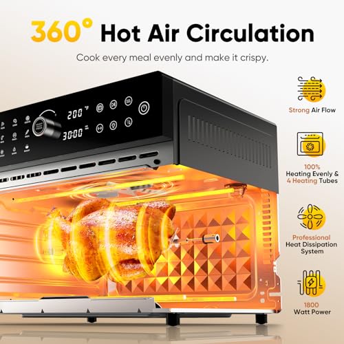 32QT Extra Large Air Fryer, Toaster Oven Air Fryer Combo, 360°Hot Air Circulation for Healthier Food, 1800W Preset Dual Cook, 13"Pizza Cooking, 20-in-1 Double-Rack Oven, 7-Accessory, Transparent Door