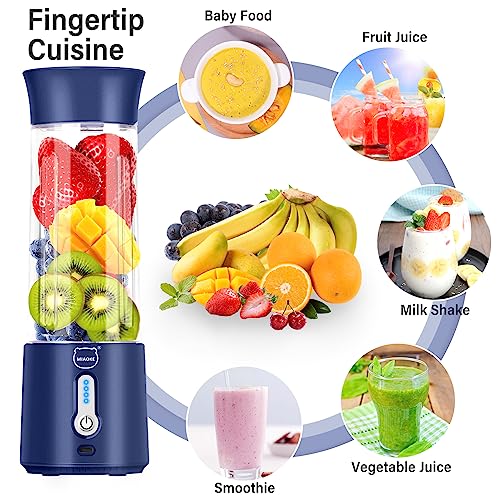 Personal Juicer, Miaoke Portable Blender 17 Oz 6 Leaves High-Speed 304 Stainless Steel Blade 22000 R/Min 4000Ah Type-C Rechargeable 4-Grade power prompt With Portable Removable Cup Lid/Dark Blue