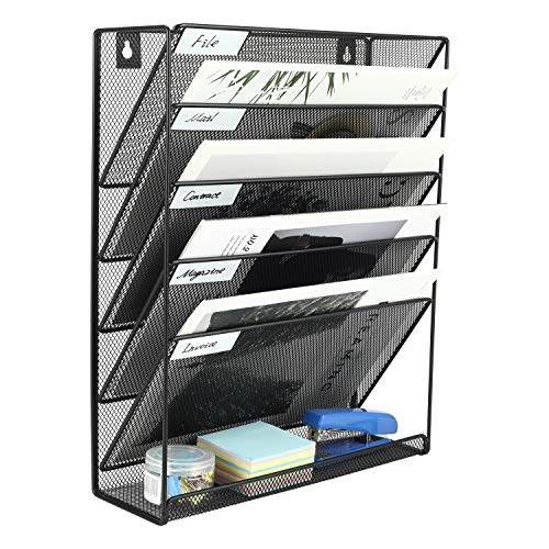 EasyPAG Wall File Organizer 5 Tier Vertical Hanging File Organizer Wall Mount File Holder Paper Folder Rack with Bottom Flat Tray for Office and Home,Black