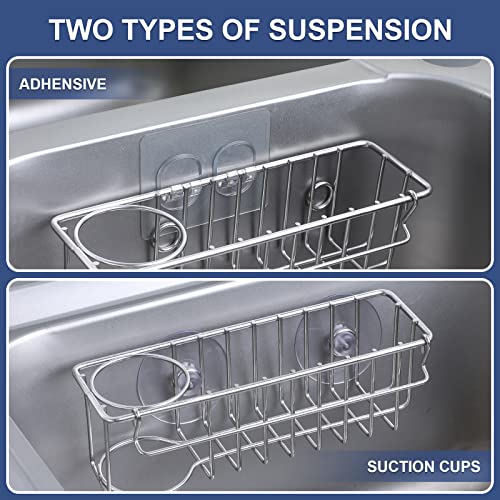 3-In-1 Sponge Holder for Kitchen Sink, 2 Suspension Options(Suction Cups & Adhesive Hook), Hanging Sink Caddy Organizer Rack - Sponge, Dish Cloth, Brush, Scrubber, Soap Tray, 304 Stainless Steel