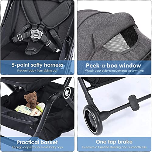 Lightweight Baby Stroller, Compact Travel Stroller with Cup Holder & Sleep Shade, Oversize Basket, One Hand Easy Foldable Stroller for Airplane Travel and More