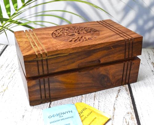 Wooden Tea Box - Tea Box for Tea Bags Organiser - Engraved Hardwood Tea Chest with 6 Compartments - Tea Storage Box Multi Functional - Wood Tea Box Organiser - 10 x6 inch (6 compartment box)