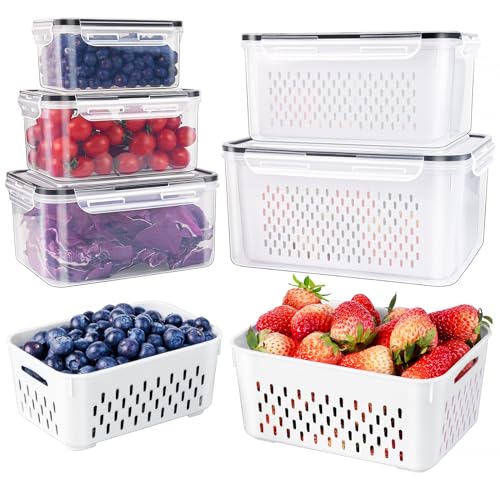 5 PCS Large Fruit Containers for Fridge - Leakproof Food Storage Containers with Removable Colander - Dishwasher & microwave safe Produce Containers Keep Fruits, Vegetables, Berry, Meat Fresh longer