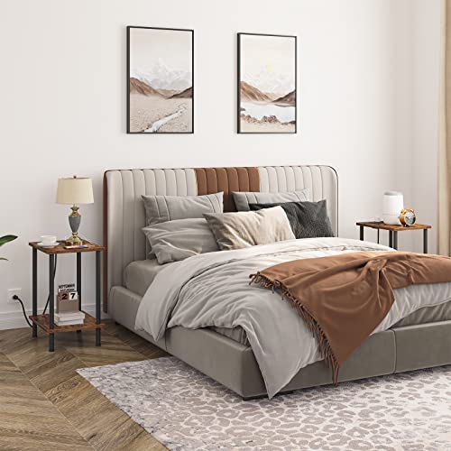 HOOBRO Side/End Table with Charging Station, USB Ports and Outlet, Nightstand with 2-Layer Storage Shelves for Small Spaces, Living Room, Bedroom, Stable Frame, Rustic Brown BF09UBZ01