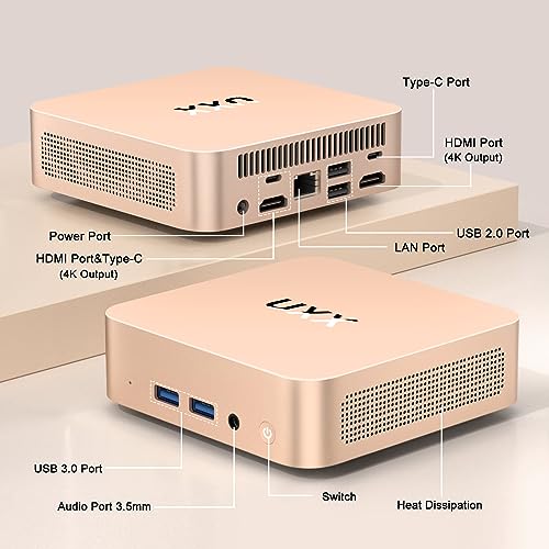 2023 Latest Mini PC, N5095 Desktop Computer, 8GB DDR4X RAM/256GB M.2 2280 SSD+Expandable M.2 2242 SSD+M.2 WiFi, 4K Triple Display with Mouse/USB/BT/LAN/HD/Type-C/Metal Frame-Gold