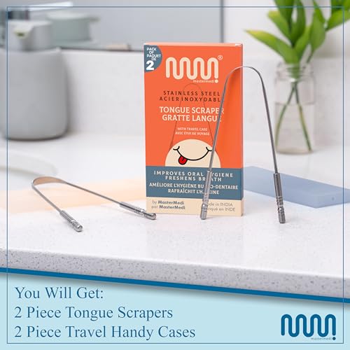 MasterMedi Tongue Scraper for Adults with Multicolor Travel Cases (2 Pack), 100% Stainless Steel, Reduce Bad Breath, Tongue Scrubber, Easy to Use, Tongue Cleaner for Oral Care & Hygiene