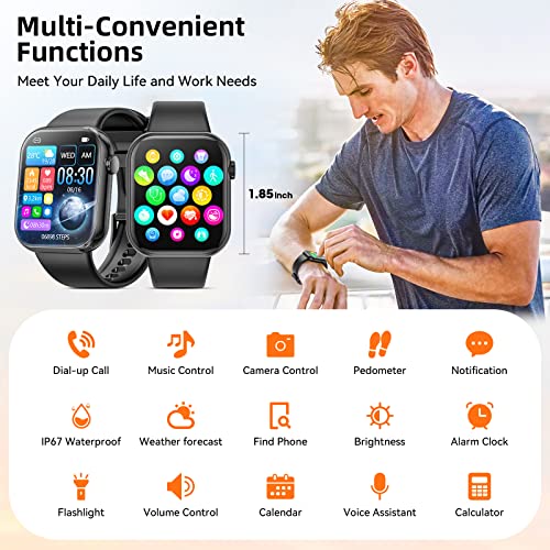 Hwagol Smart Watch (Answer/Make Call), 2024 Newest 1.85 Inch Fitness Tracker, Heart Rate/Sleep Monitor/Pedometer/Calories, Multiple Sports Modes, Women's Men's Fitness Watch for Android iPhone（Black）