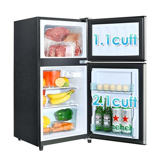 3.2 Cu.Ft Mini Fridge with Freezer, Double Door Compact Refrigerator, Small Refrigerator with Freezer, Temperature Control, Adjustable Shelves, Mini Fridge for Office, Bedroom, Dorm, Garage, RV