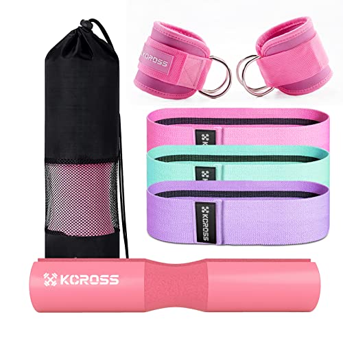 Barbell Squat Pad for Standard Set, Work Out Set Gym Equipment Accessories for Women, 7Pcs Barbell Pad for Hip Thrust with 2 X Gym Ankle Straps & 3 X Booty Resistance Bands & 1X Carry Bag