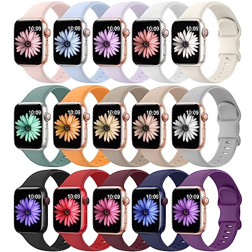 15 Pack Soft Silicone Bands Compatible with Apple Watch Band 40mm 41mm 38mm 45mm 44mm 42mm for Women Men,Waterproof Sport iWatch bands Replacement Strap Wristbands for iWatch SE Series 9 8 7 6 5 4 3 2