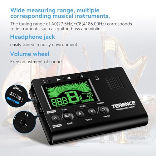 TERENCE Metronome Tuner, 3 in 1 Digital Metronome Tuner Tone Generator for Guitar, Bass, Ukulele, Chromatic, Clarinet, Trumpet and All Musical Instruments, with LCD Color Display, Volume Adjustable