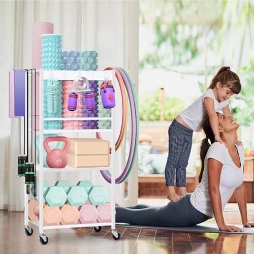 HEOMU Yoga Mat Storage Rack, Home Gym Storage Rack for Dumbbells Kettlebells, Gym Organizer Gym Equipment Storage Cart with Wheels and Hooks, Black