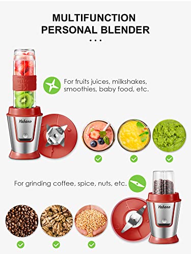 Personal Blender with 2 x 20oz Travel Bottle and Coffee/Spices Jar, Portable Smoothie Blender and Coffee Grinder in One, 500W Single Serve Blender for Shakes and Smoothies, BPA free, by Yabano (Red)