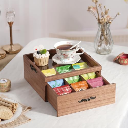 Wooden Tea Bag Storage Organizer: 9-Compartment Tea Box with Glass Window, equipped with a Storage Tray, Multi-Functional Tea Box and Storage Organizer, Great Gift Ideas,Cool Preppy Stuff & Room Decor