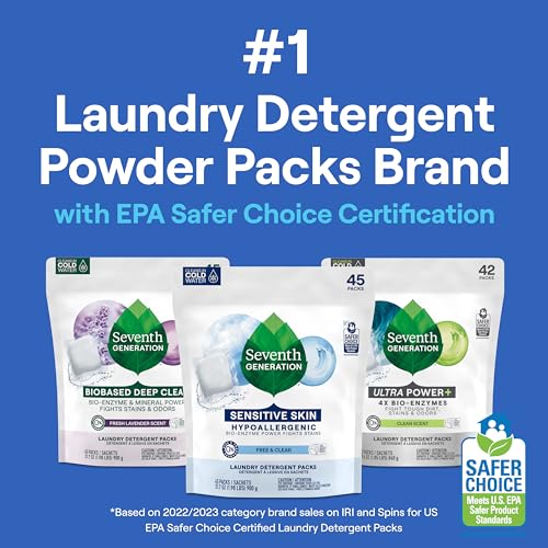 Seventh Generation Laundry Detergent Packs, Free & Clear, Made for Sensitive Skin, EPA Safer Choice Certified, 90 Loads (2 pouches, 45 Ct EA)