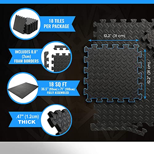 Rubber Tiles Workout Flooring Puzzle Exercise Mat with 18 Squares Interlocking Foam Gym Mats 12'' x 12'' EVA Protective Mats for Heavy Equipment