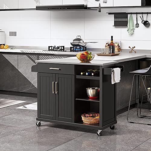 Yaheetech Kitchen Island with Stainless Steel Top and Storage Cabinet, Kitchen Cart on Wheels with Drawer & Open Shelves & Wine Rack & Spice Rack, 18" D x 51" W x 36" H, Black