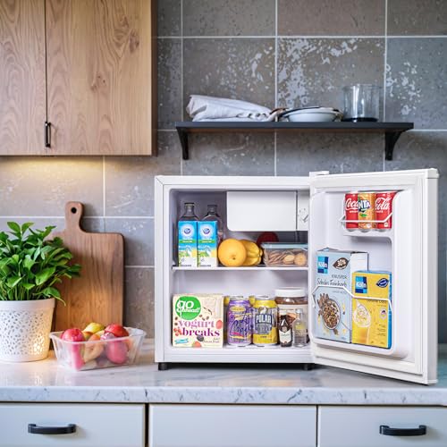 1.7 Cu.Ft Mini Fridge with Freezer, Low Noise Compact Refrigerator, Adjustable Thermostat, Energy Saving, Stylish Small Fridge for Bedroom, Office, Dorm, Hotel. (Stylish White)
