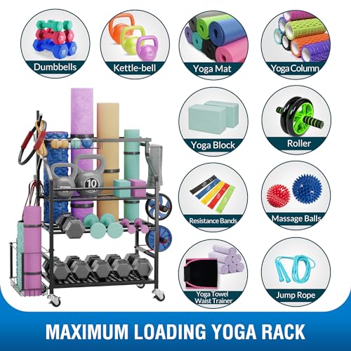 Dumbbells Rack,Weight Rack for Home Gym, Weight Stand,Home Gym Storage Rack for Yoga Mat, Foam Roller,Yoga Strap,Resistance Bands,Weight Organizer for Home Gym,Workout Storage with Wheels
