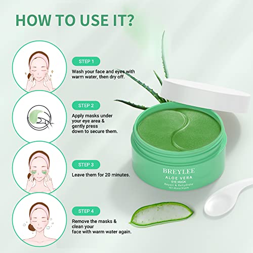 BREYLEE Aloe Vera Eye Mask– 60 Pcs - Puffy Eyes and Dark Circles Treatments – Look Younger and Reduce Wrinkles and Fine Lines Undereye, Improve and Firm eye Skin - Pure Natural Material Extraction