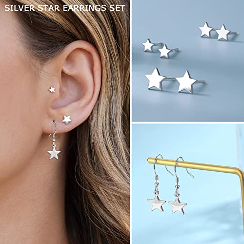 3 Pairs 925 Sterling Silver Star Stud Earrings for Women,Tiny Simple Geometric Stud Earrings Set Small Hypoallergenic Cartilage Tragus Ear Jewellery for Men Girls (3/4/5mm)