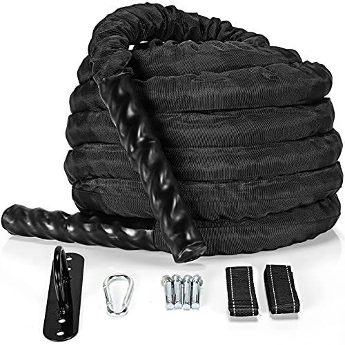 Battle Ropes with Steel Anchor Kit,Heavy Battle Exercise Ropes with Protective Sleeve,1.5in Diameter 30/40/50ft Lengths Polyester Fitness Rope,Full Body Workout Equipment for Home Gym