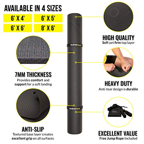 ActiveGear Large Exercise Mat 8 x 6 ft 7mm Thick Premium Ultra-Durable Non-Slip Rubber Workout Mat for Home Gym Flooring | Ideal for Cardio, Fitness, Plyo | Bonus Jump Rope and Storage Bag Included
