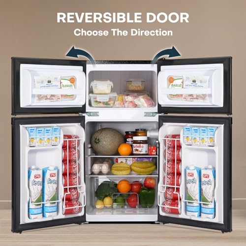 Upstreman 3.1 Cu.Ft Mini Fridge with Freezer, Double Door Mini Fridge, Adjustable Thermostat, Energy Saving, Mini Fridge for Office, Dorm, Bedroom, Black