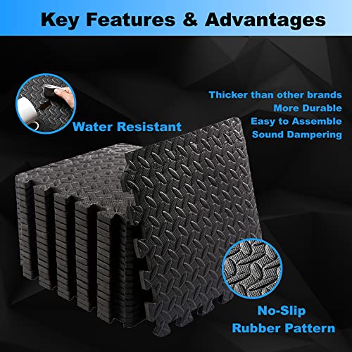 Rubber Tiles Workout Flooring Puzzle Exercise Mat with 18 Squares Interlocking Foam Gym Mats 12'' x 12'' EVA Protective Mats for Heavy Equipment