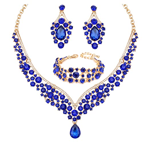 Women's Statement Necklace Earrings Link Bracelet Set for Bride Austrian Crystal Wedding Bridal Costume Jewelry Sets