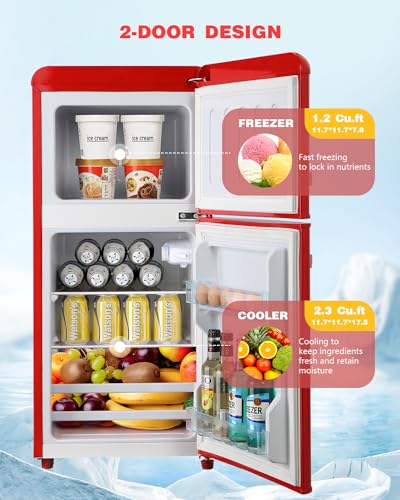 3.5 Cu.Ft Small Refrigerator with freezer, Compact Refrigerator, Retro Fridge with Dual Door,7 Level Adjustable Thermostat for Garage, Dorm,Bedroom, Office, Apartment-Red