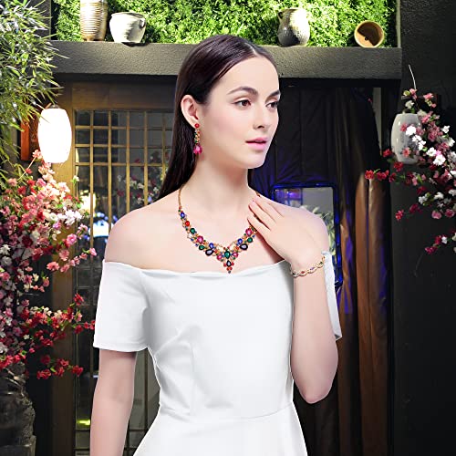 3/4 Pieces Women Jewelry Set Rhinestone Crystal Bride Statement Choker Necklace Tiara Crown Link Bangle Bracelet Teardrop Dangle Earrings Set for Wedding Party
