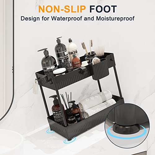 2 Pack Under Sink Organizer, Under Bathroom Cabinet Organizer with Hooks Hanging Cup, Multi-Purpose Storage Shelf for Kitchen Bathroom, Black