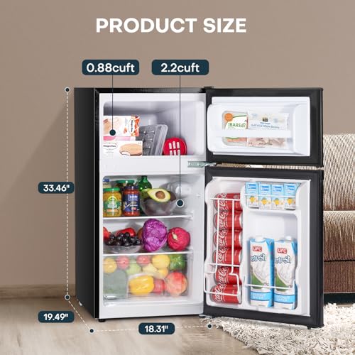 Upstreman 3.1 Cu.Ft Mini Fridge with Freezer, Double Door Mini Fridge, Adjustable Thermostat, Energy Saving, Mini Fridge for Office, Dorm, Bedroom, Black