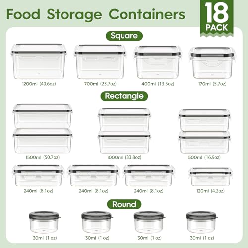36-Piece Food Storage Containers with Lids(18 Containers & 18 Lids), Plastic Food Containers for Pantry & Kitchen Storage and Organization, BPA-Free, Leak Proof, Reusable with Labels & Pen