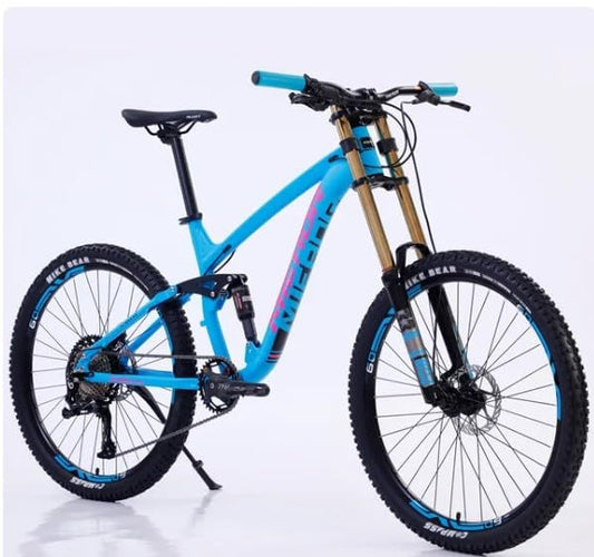Aluminum Alloy Mountain Bike for Adults; Full Suspension, Double Damping Downhill DH Bicycle MTB Soft Tail – Ultra Light (Blue)