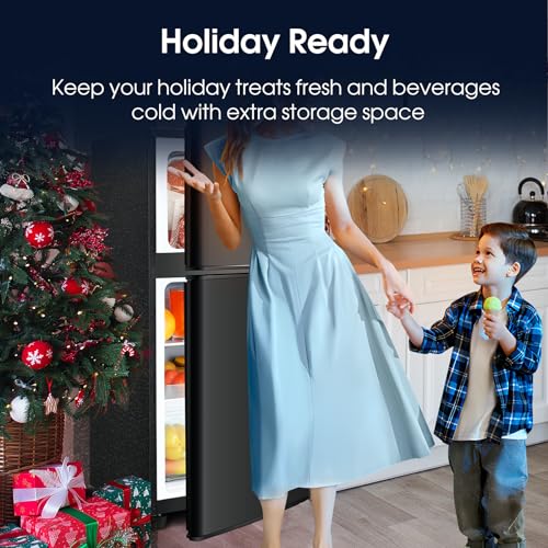 3.2 Cu.Ft Mini Fridge with Freezer, Double Door Compact Refrigerator, Small Refrigerator with Freezer, Temperature Control, Adjustable Shelves, Mini Fridge for Office, Bedroom, Dorm, Garage, RV
