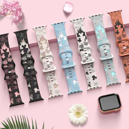 Cartoon Engraved Band Compatible with Apple Watch Bands 40mm 38mm 44mm 45mm 41mm 42mm 49mm Women, Two-Tone Cute Soft Silicone Sport Strap for iWatch Series 9/8/SE/7/6/5/4/3/2/1