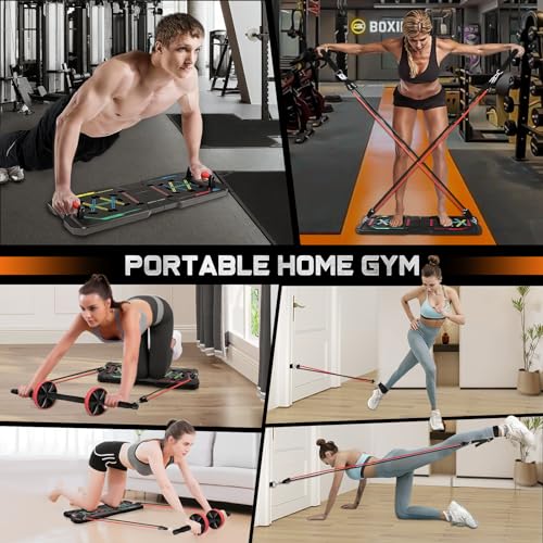 Home Gym Equipment, Large Compact Push Up Board, Portable Home Gym System with Pilates Bar, Resistance Band, Ab Roller Wheel, Full Body Workout at Home, Professional Push Up Strength Training