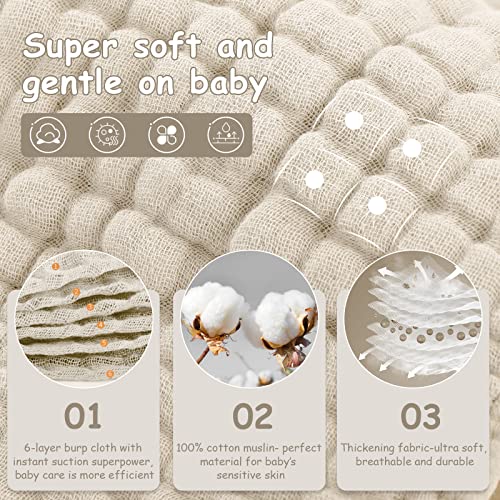 Looxii 100% Cotton Muslin Burp Cloths Large 20''x10'' Extra Soft and Absorbent 6 Pack Baby Burping Cloth for Boys and Girls (Apricot)
