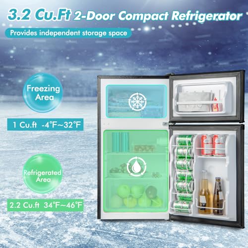 COSTWAY Compact Refrigerator, 3.2 Cu.Ft. Fridge Freezer Compartment with Reversible 2 Door, Adjustable Thermostat, Removable Glass Shelves, Mini Refrigerator for Bedroom Dorm Apartment, Black