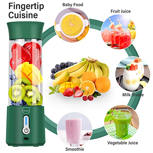 Personal Juicer, Miaoke Portable Blender 17 Oz 6 Leaves High-Speed 304 Stainless Steel Blade 22000 R/Min 4000Ah Type-C Rechargeable 4-Grade power prompt With Portable Removable Cup Lid/DK Green
