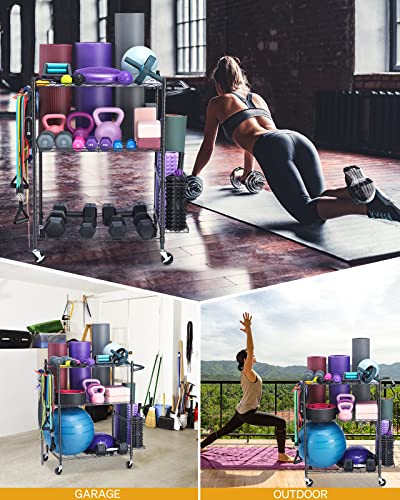 Yoga Mat Storage Rack, Home Gym Workout Equipment Storage Rack, Cart for Organizing Workout Room, Organizer Yoga Equipment Dumbbell Kettlebells Home Gym Storage Rack with Hooks and Wheels