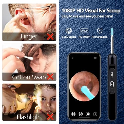 Ear Wax Removal Camera,Newly Upgraded 1080P Earpick,with IP67 Waterproof Lens,6 LED Lights,8Pcs Ear Care Kit for Daily Use,Wireless Visual Ear Scoop Tool for Android and iPhone Tablets,Black