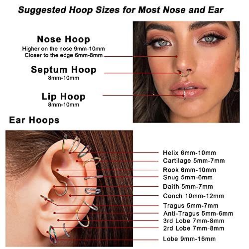 Dochais 4PCS 18G Nose Rings Hoops, Surgical Steel Earrings Tragus Septum Piercing CZ Clicker Septum Ring Hinged Segment Septum Conch Lip Cartilage Double Hoops 8mm 10mm For Women Men