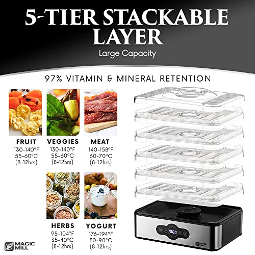 Magic Mill Food Dehydrator Machine | 5 Stackable Stainless Steel Trays Jerky Dryer with Digital Adjustable Timer & Temperature Control - Electric Food Preserver for Fruits, Veggies, Meats & Dog Treats